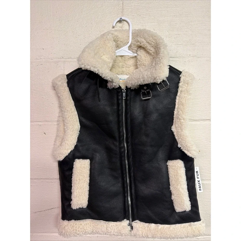 Black Faux Leather Aviator Vest Cream Faux Shearling grunge goth‎ cozy concert